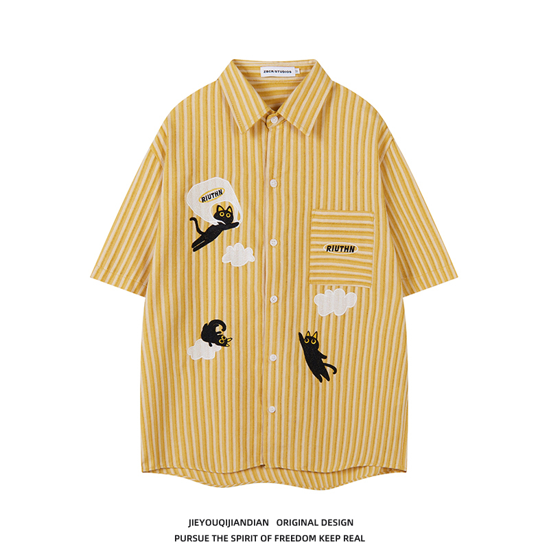 Maillard Summer Cat Embroidered Plaid Short-Sleeved Shirt for Men and Women, Loose, Lazy, Versatile Casual Shirt for Couples