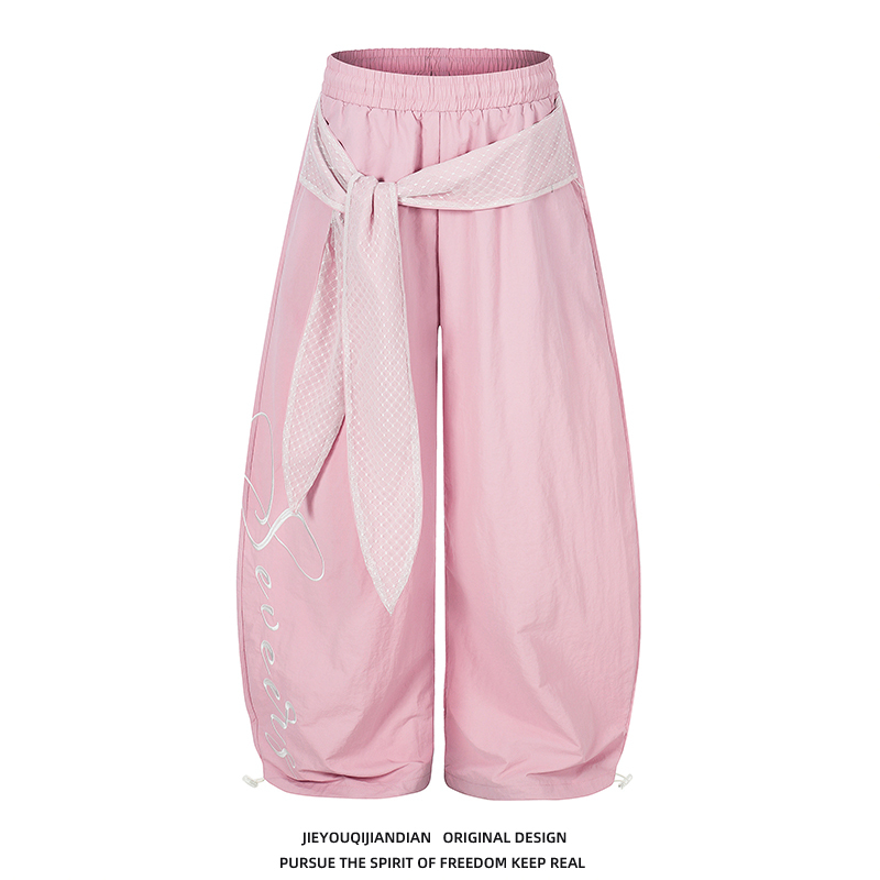 American-Style Lace-Up Layered Letter-Embroidered Scimitar Paratrooper Pants with a Jazz Dance Design, Casual Loose Wide-Leg Pants