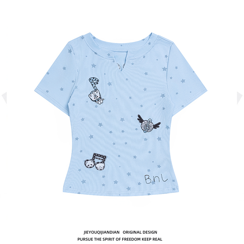 Girly Style Star Print Kitten Musical Note Embroidery V-Neck Short-Sleeve T-Shirt for Women, Summer Short Slim-Fit Top