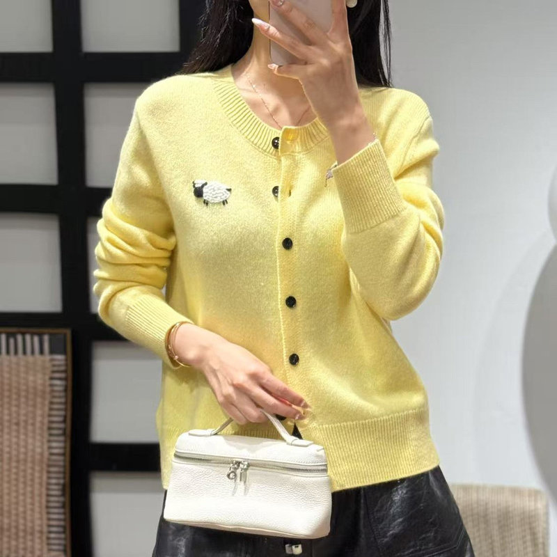 European-Style Heavy-Duty 100% Cashmere Cardigan for Women, Round Neck, Loose Fit, Age-Reducing, Hand-Embroidered Lamb, Autumn and Winter Thickened Sweater Coat