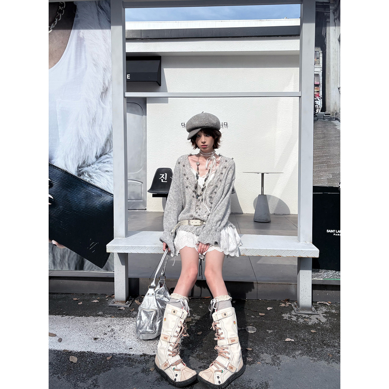 Bubble Pineapple Oil Gray Sweater, Retro Lazy Style Pullover Sweater, Autumn and Winter Women's Soft and Fluffy Loose Knit Sweater