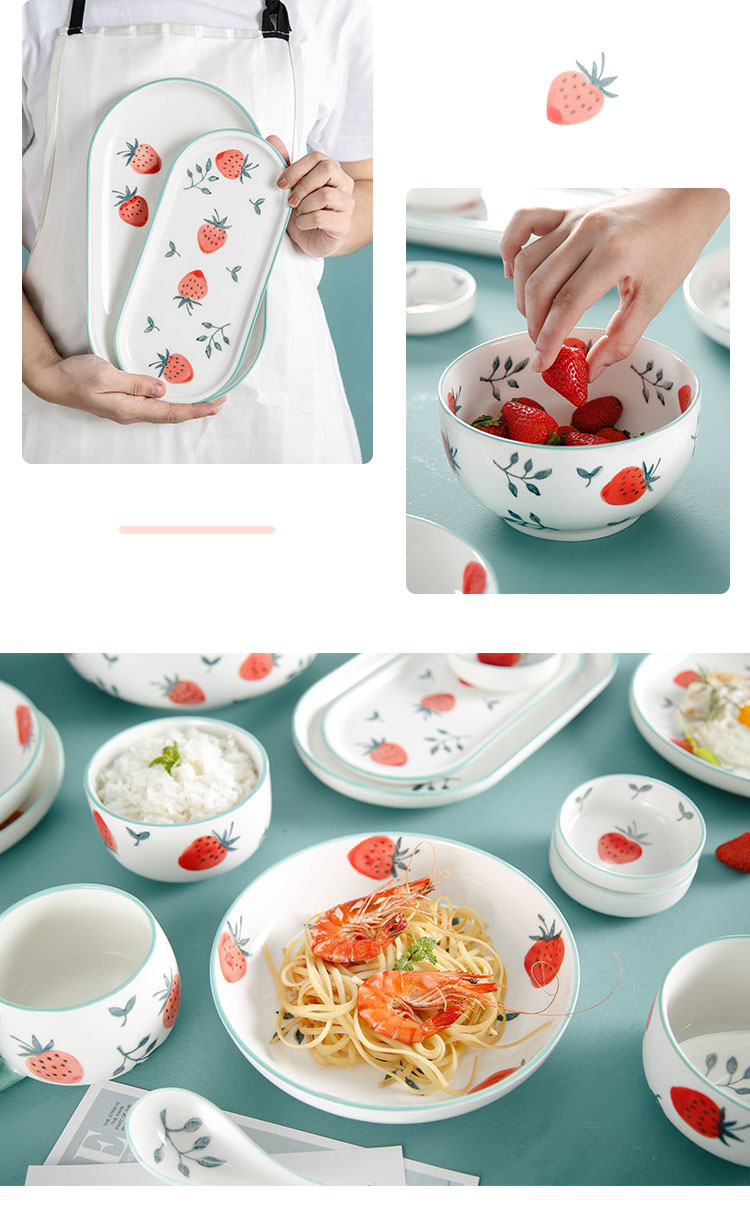 Ins plate web celebrity household ceramics small fish fresh food dish, lovely strawberry disc steak plate cutlery set combination