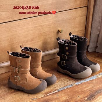 Q.Q.O Western-Style Children's Boots 2025 Winter Fleece-Lined Mid-Calf Boots for Boys and Girls with Belt Buckle Motorcycle Boots Warm Cotton Boots