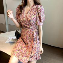 Fleeing princess wind dress summer 2021 new womens high sense waist small short-sleeved thin section floral skirt