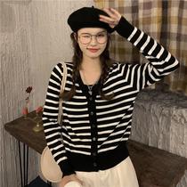 Korean chic interior short sweater women loose outside knitted cardigan top 2021 striped coat Womens