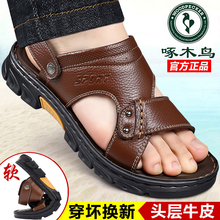 Woodpecker Men's Shoes Summer New Dad Sandals Men's Leather Breathable Leisure Beach Anti slip Soft Sole Two piece Slippers