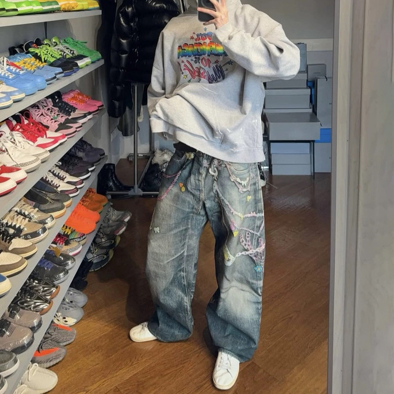 Ac Style 1981m Retro Distressed Chain Candy 3D Digital Print Scimitar Casual Pants Trendy Straight-Leg Jeans