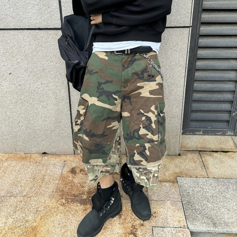 Grailz Project G/R Style Camouflage Fake Two-Piece Large Patchwork Wide-Leg Cropped Shorts for Men Grailz Project G/R Style Camouflage Fake Two-Piece Large Patchwork Wide-Leg Cropped Shorts for Men