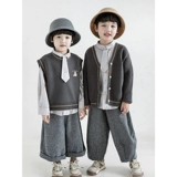 Детский трикотажный свитер, жилет, осенний кардиган для мальчиков, комплект, с вышивкой