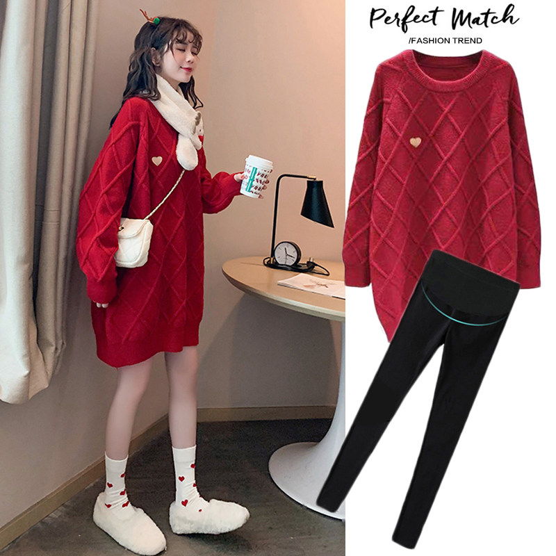 Pregnant women's sweater mid-long autumn and winter dress suit loosely thickened two sets of clothes and sanitary clothes