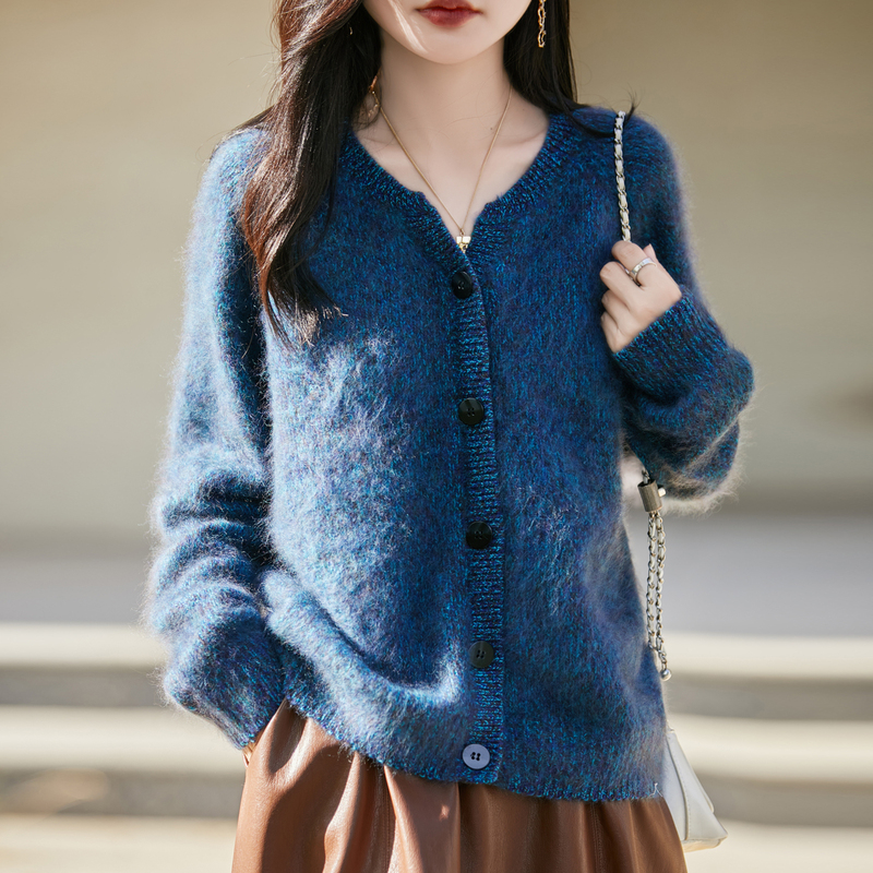 [Blue Tears] 25 New Styles of V-Neck Brushed Floral Yarn Fashionable Versatile Knitted Wool Sweater Brushed Loose Cashmere Sweater