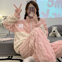 Coral velvet high-collar pajamas woman in winter with thickness warm and loose costume suit can be worn outside flannel home suit