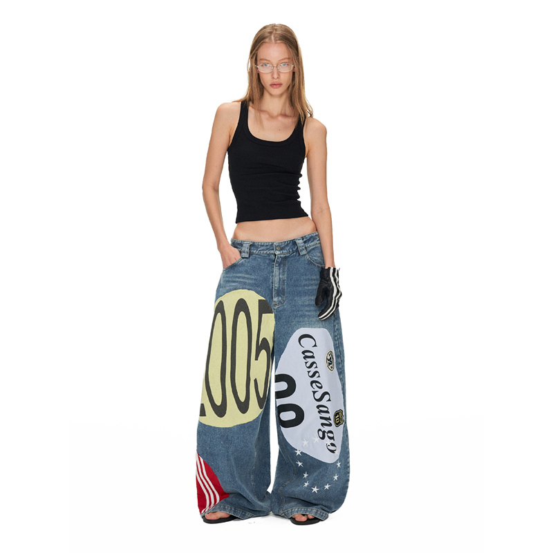 Anterior Loved Deconstructed Graffiti Design Patchwork Loose Silhouette Banana Denim Scimitar Pants Anterior Loved Deconstructed Graffiti Design Patchwork Loose Silhouette Banana Denim Scimitar Pants