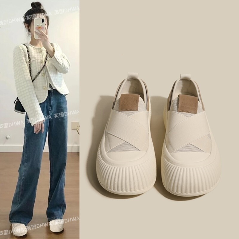 British Dhwa White Shoes Spring and Summer Thick-Soled Round-Toe Biscuit Canvas Shoes Slip-On Sneakers Soft-Soled Casual Shoes British Dhwa White Shoes Spring and Summer Thick-Soled Round-Toe Biscuit Canvas Shoes Slip-On Sneakers Soft-Soled Casual Shoes