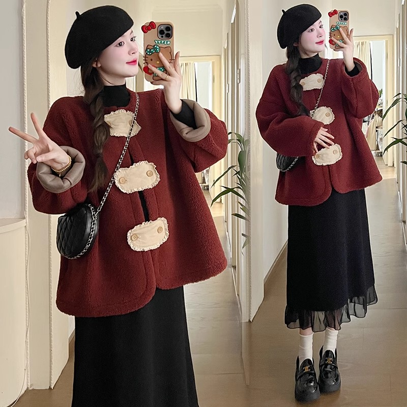 British Dhwa Maternity Autumn and Winter Suit Red Lamb Wool Coat New Year's New Chinese Style Two-Piece Set