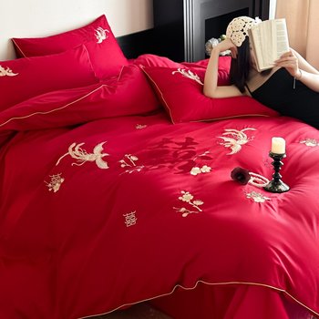 Wedding double wedding embroidery 100 pieces wedding four-piece set new chinese style big red cotton quilt wedding bedding 4