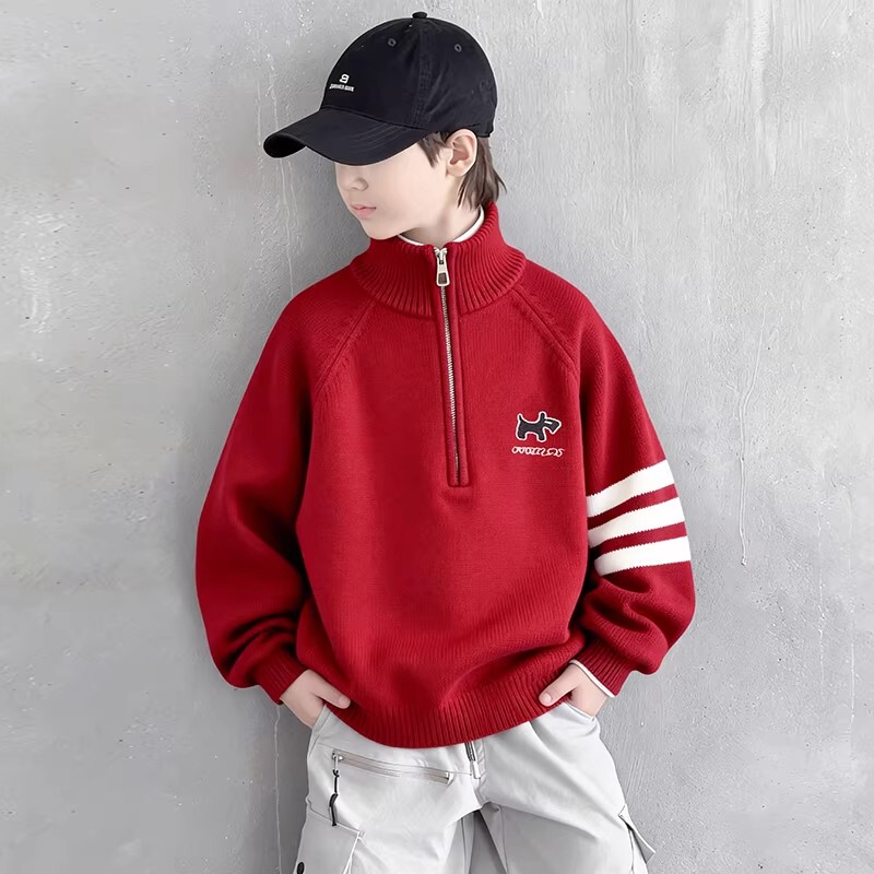 French Berydia Boys' Red Sweater Autumn/Winter 2026 New Thickened Winter New Year Outfit for Children