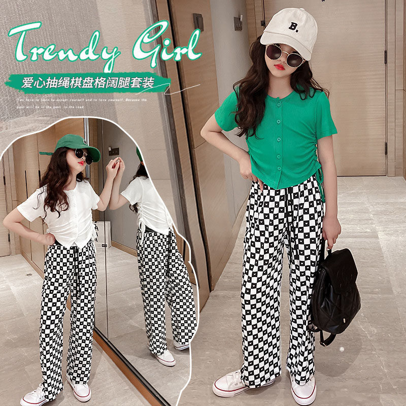 UK next kiss girl suit 2022 Summer new broadlegged pants online red CUHK child fashion Two sets