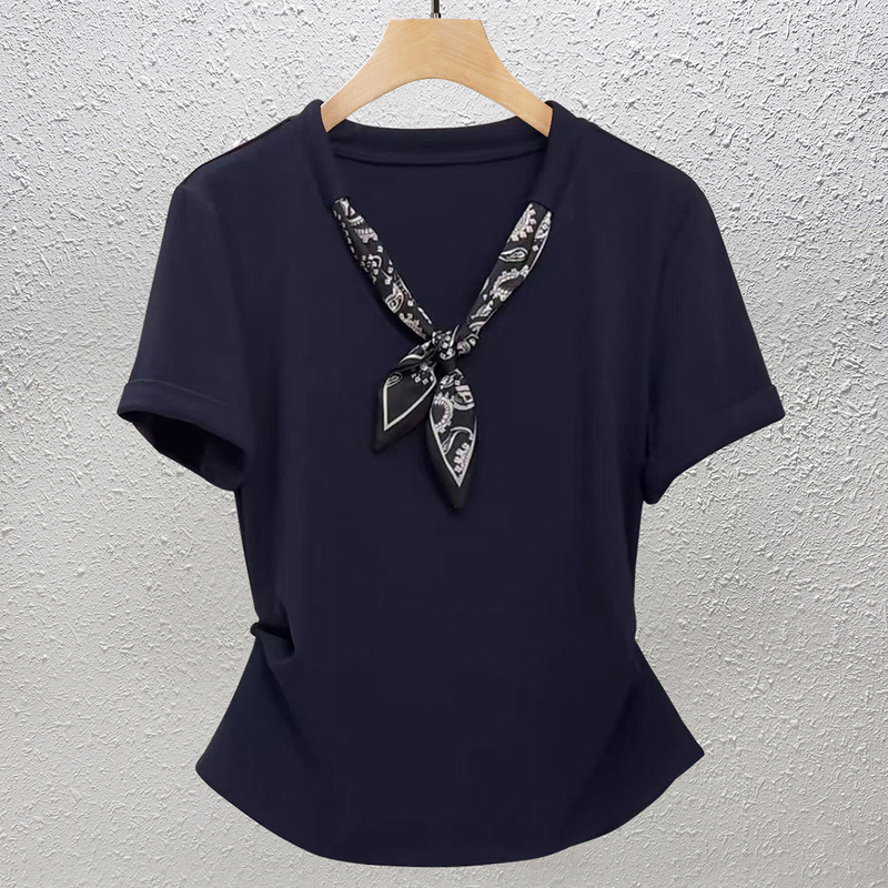 High-End European-Style Pure Cotton Short-Sleeved T-Shirt for Women, Summer Trendy Blouse, Plus Size, Slimming, with Scarf, Popular Fashionable Top