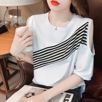 The United States and Europe brother Fiamash short-sleeved T-shirt womens 2021 summer new hot diamond off-shoulder loose bat sleeve t-shirt