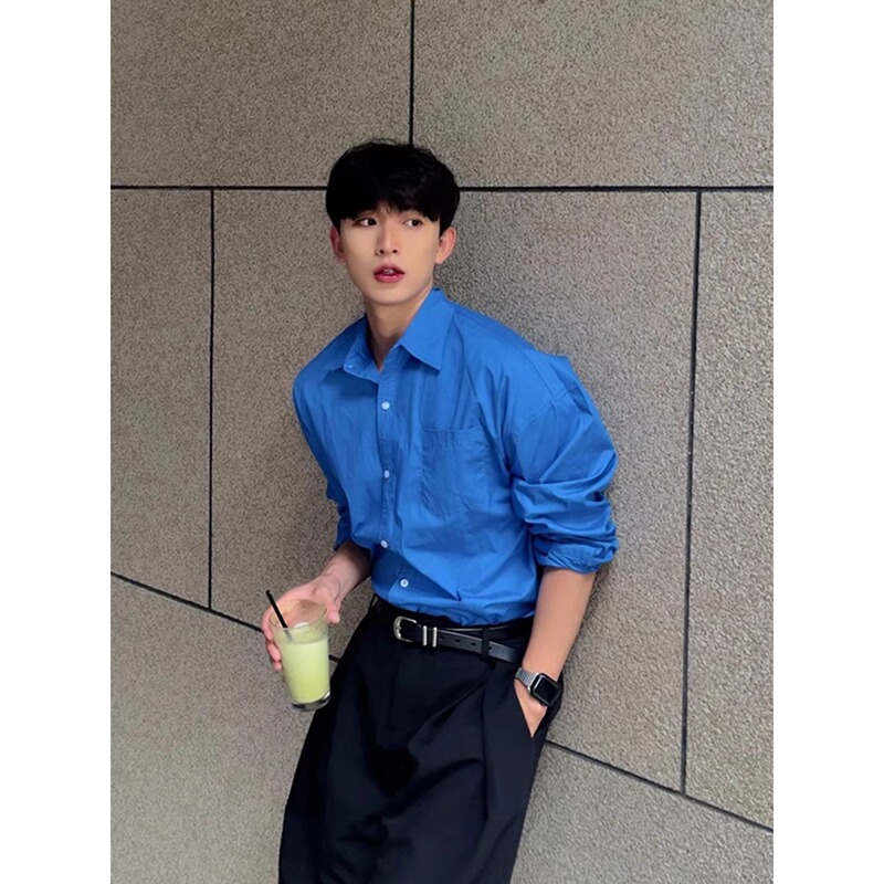 Korean Uamtor Klein Blue Korean Style Spring Outfit Long Sleeve Shirt for Men, Cool and Casual Layered Shirt Jacket
