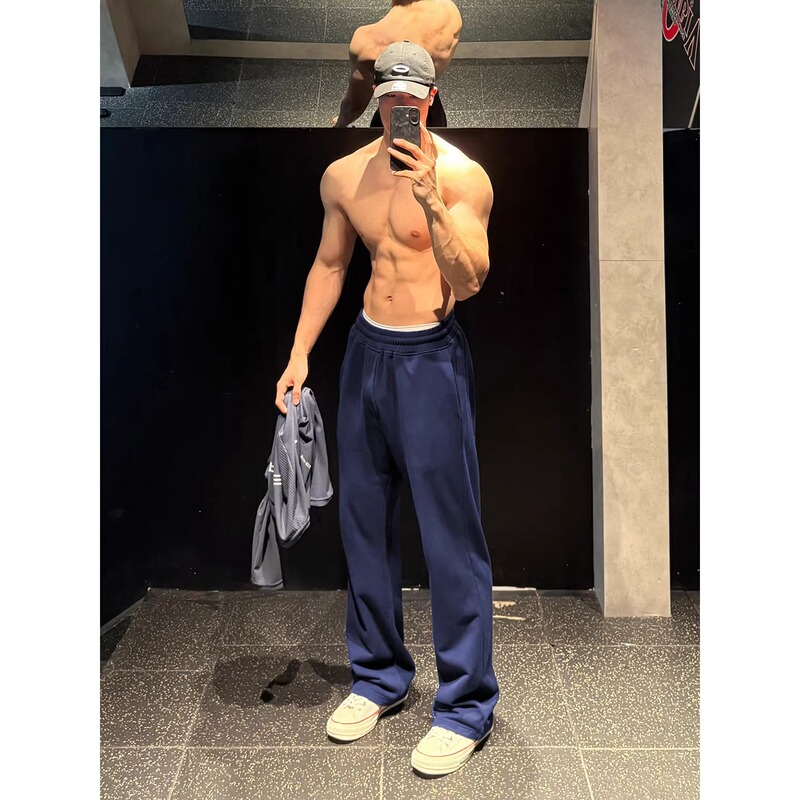 Korean Uamtor Navy Blue Sports Sweatpants for Men, Summer American Retro Scimitar Straight-Leg Pants with Drapey Casual Pants Korean Uamtor Navy Blue Sports Sweatpants for Men, Summer American Retro Scimitar Straight-Leg Pants with Drapey Casual Pants