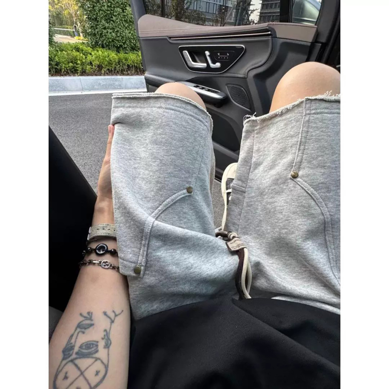 Korean Uamtor Gray Studded Shorts for Men, Summer American-Style Sports Workwear Pants, Straight-Leg Five-Point Pants