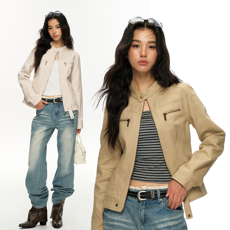 Waitingwave American Retro Harrington Jacket for Women 2026 Autumn Short Khaki Jacket