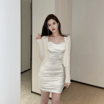 nicky lace sling dress female spring and autumn hot girl pure color gentle wind French first love sweet temperament waist