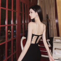 nicky world rich flower rhinestone waist black hanging neck dress female slim sexy temperament summer new