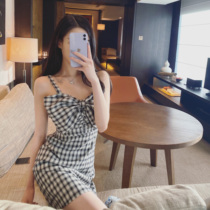 40% off bowknot temperament plaid sling dress female slimming summer waist French retro sexy sling dress