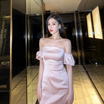 nicky French style puff sleeves high waist suspender dress womens summer 2022 new waistline thin suspender skirt temperament