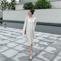 Limited time 3fold nicky French white wool base knitted Spring and Autumn Sweater Dress temperament long