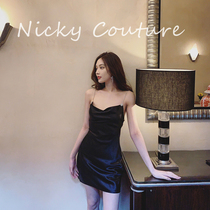 nicky court style 2022 new black satin diamond buckle chain sling dress female summer French retro skirt