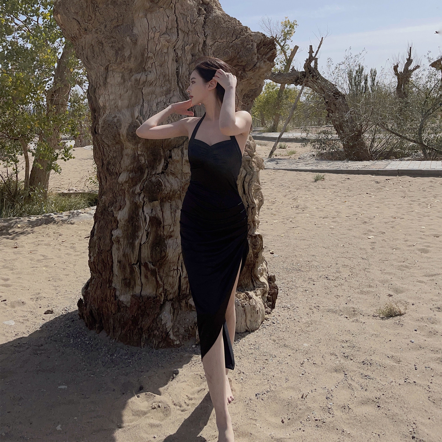 nicky black Hepburn style high-waist satin dress 2022 new summer hanging neck dress with slit high-end sense