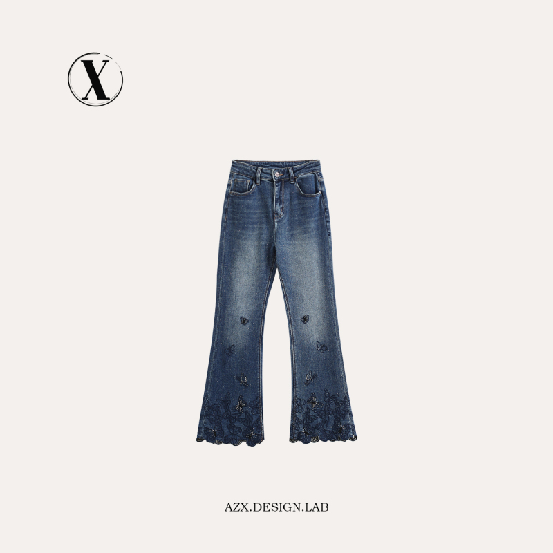 【Butterfly Rhythm Star】Light Luxury Heavy-Duty Butterfly Embroidery High-End Nine-Point Flared Denim Pants D26T73199 【Butterfly Rhythm Star】Light Luxury Heavy-Duty Butterfly Embroidery High-End Nine-Point Flared Denim Pants D26T73199