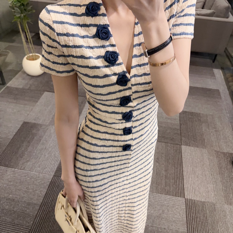 【Os&Oneshow】2026 New Summer Style Casual Short-Sleeved Stripesd V Neck Age-Reducing Fashionable Lazy Dress