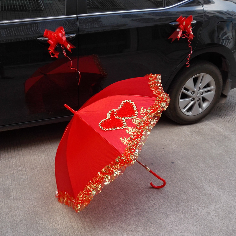 Wedding festive wedding red umbrella Creative bridal umbrella Big red woman wedding lace long handle red umbrella Wedding umbrella