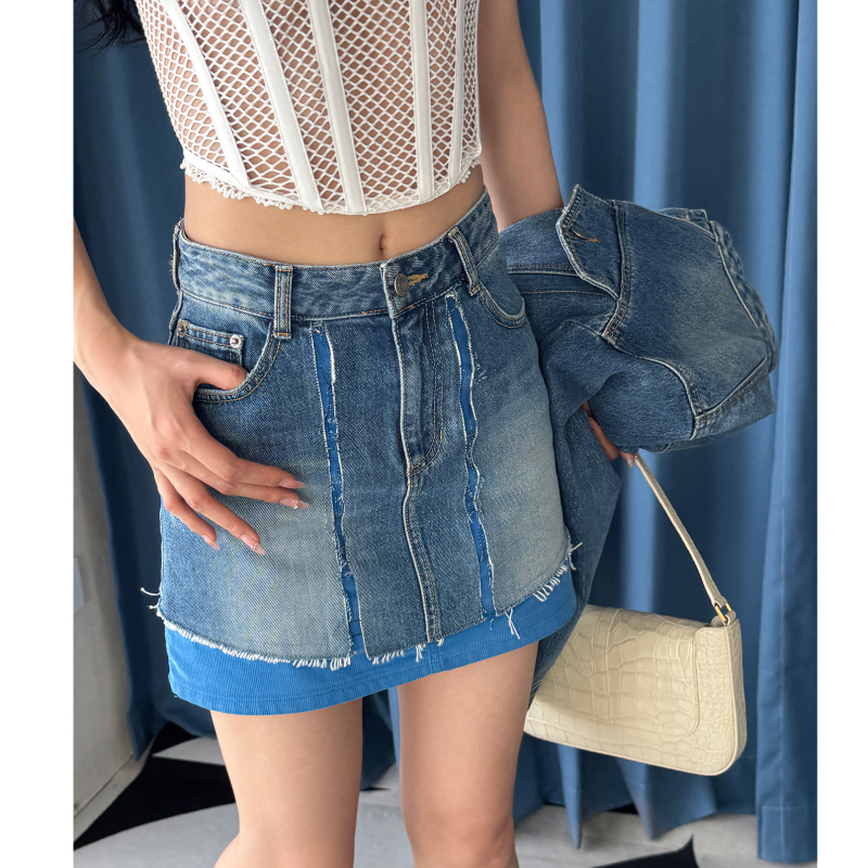 [Clearance Sale] Sjyp Patchwork Denim Jacket Top with Patchwork Denim Skirt, Casual Versatile Vintage Short Coat