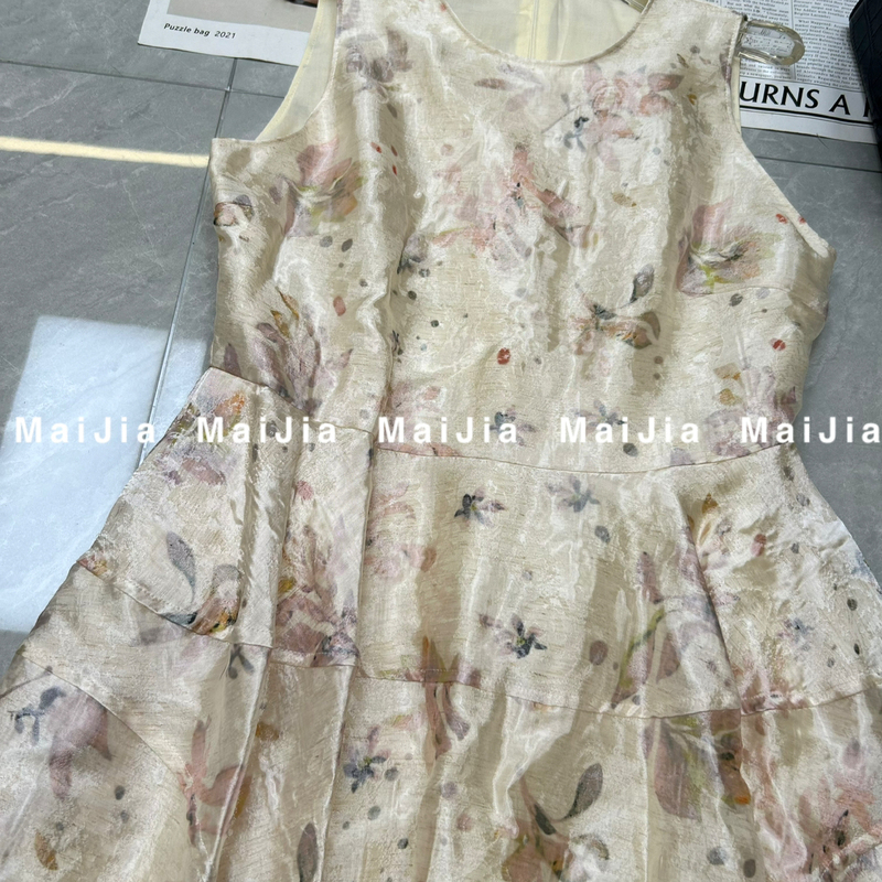 Summer New Collection and Jingming Linen Crinkled Print Three-Dimensional Flower Bud Dress