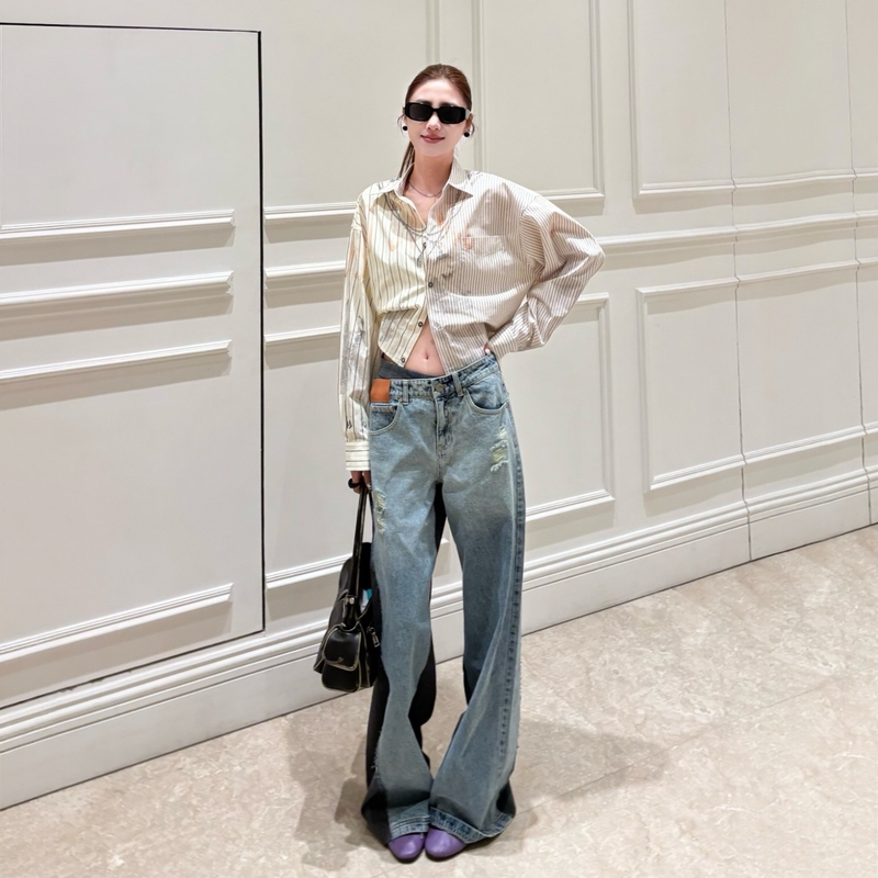 Feililin Irregular High-Waisted Wide-Leg Jeans for Women, 2026 Early Autumn New Casual Pants with Ab-Sided Patchwork