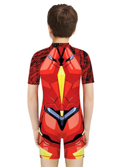 Children's Swimsuit Boys' Iron Man 3D One-Piece Swimsuit Boys' Short-Sleeved Sun Protection Quick-Drying Swimsuit for Middle and Large Children