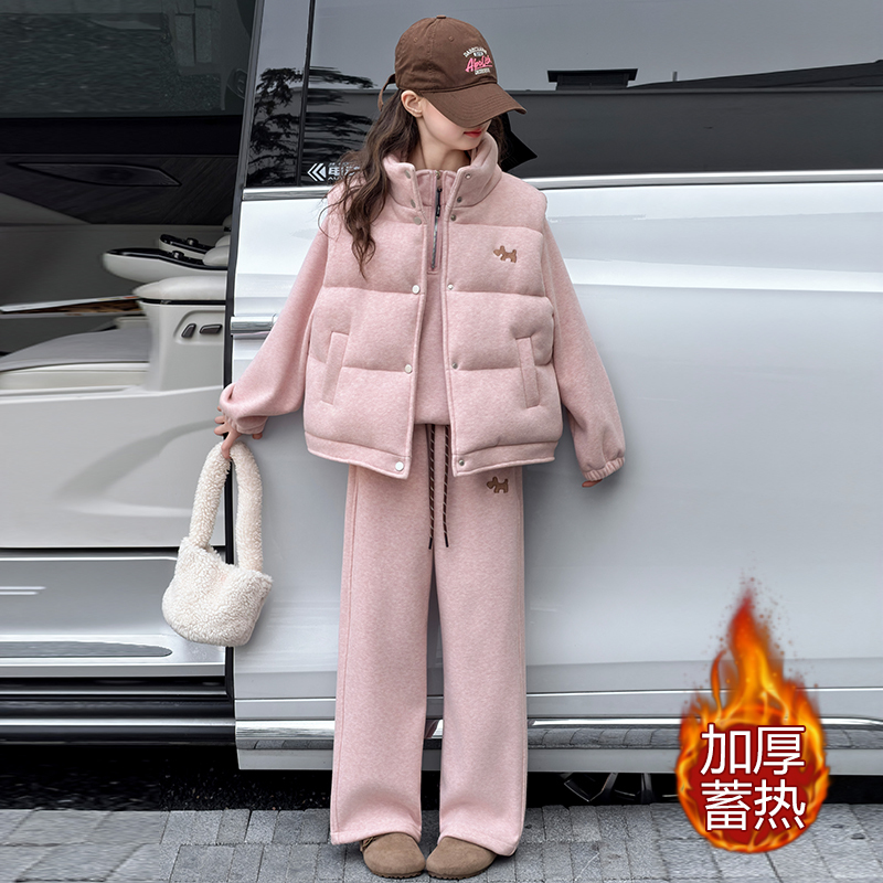 Girls' Fleece-Lined Thickened Suit Autumn and Winter 2026 New Korean Style Fashionable Casual Vest Sweatshirt Three-Piece Set Girls' Fleece-Lined Thickened Suit Autumn and Winter 2026 New Korean Style Fashionable Casual Vest Sweatshirt Three-Piece Set