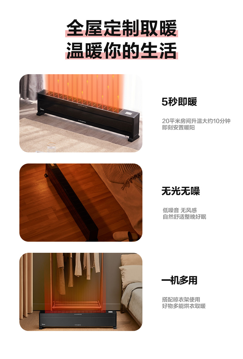 美的 踢脚线取暖器 电暖器 2200w 5秒速热 适合18-25㎡ 图5