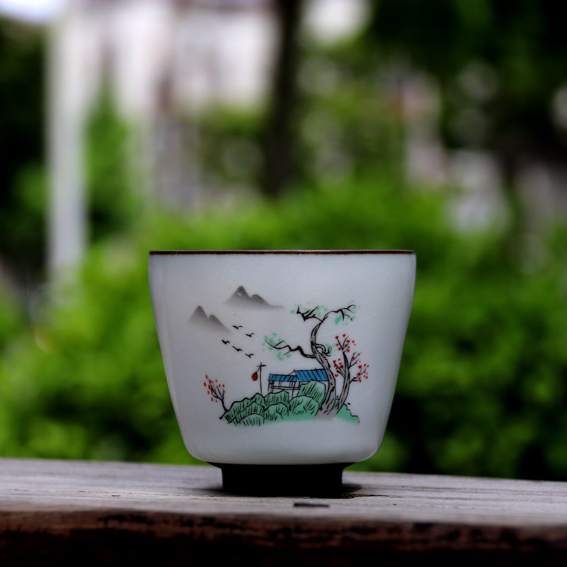 Official kiln personal cup ink landscape painting slanted cup master cup ceramic Ru kiln tea cup Ru porcelain tea cup single cup