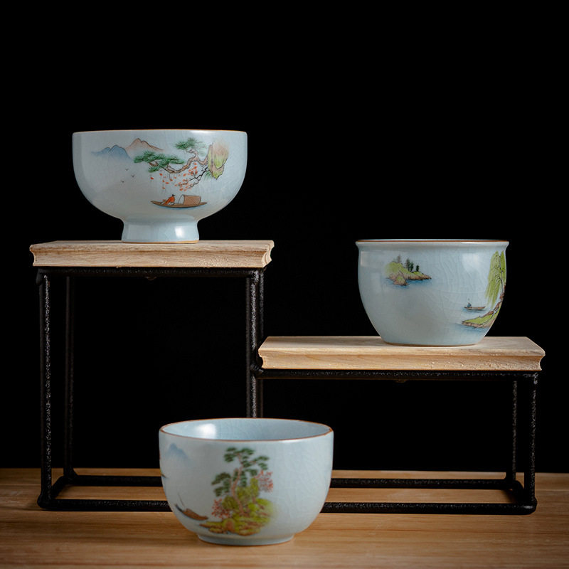Sky blue Ru kiln hand-painted landscape owner tea bowl porcelain all defied Chinese style retro opening sheet single kung fu small tasting tea cup