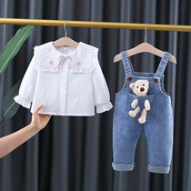 South Korean childrens clothing 2022 new spring and autumn baby long sleeve back belt pants suit cartoon autumn clothes girl foreign air clothes