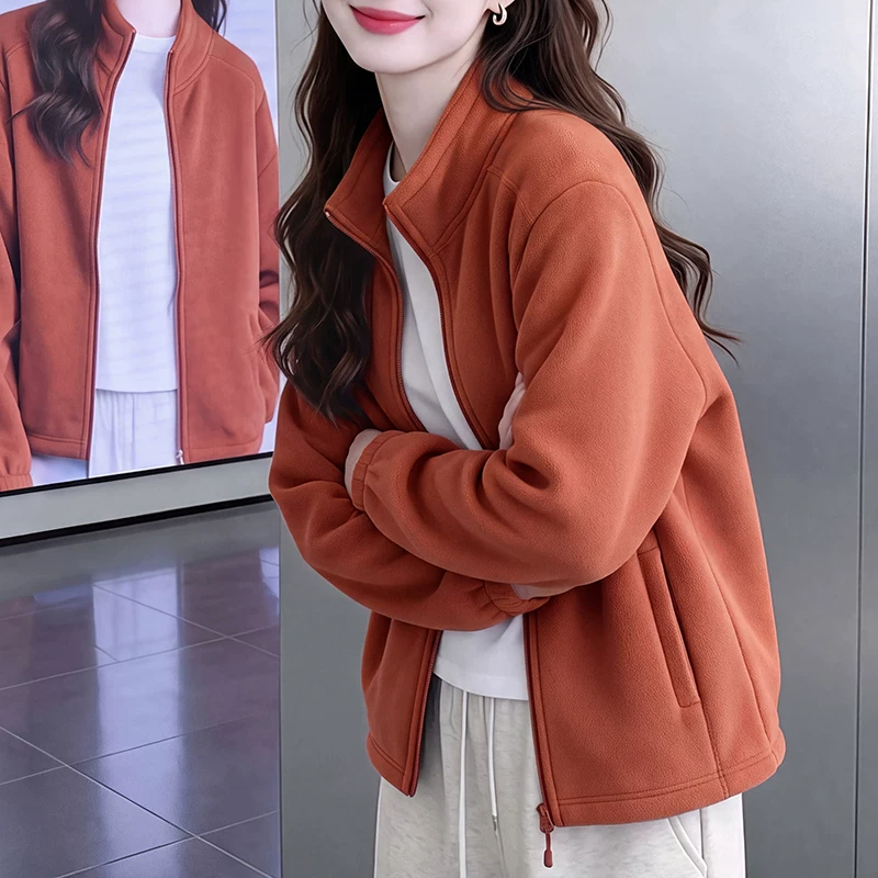 Fleece-Lined Thick Short Jacket for Women, Autumn and Winter, Fleece Fashion Casual Spring and Autumn Polar Fleece Cardigan Sweatshirt Jacket Top