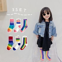 Childrens socks Spring and Autumn Korea Cotton Girls Rainbow Socks Boys and Children Letters Mid-line Socks Baby Autumn and Winter Tide