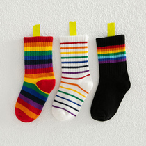 Childrens socks spring and autumn cotton rainbow stripes baby Korean Street tide socks winter boys and girls in socks